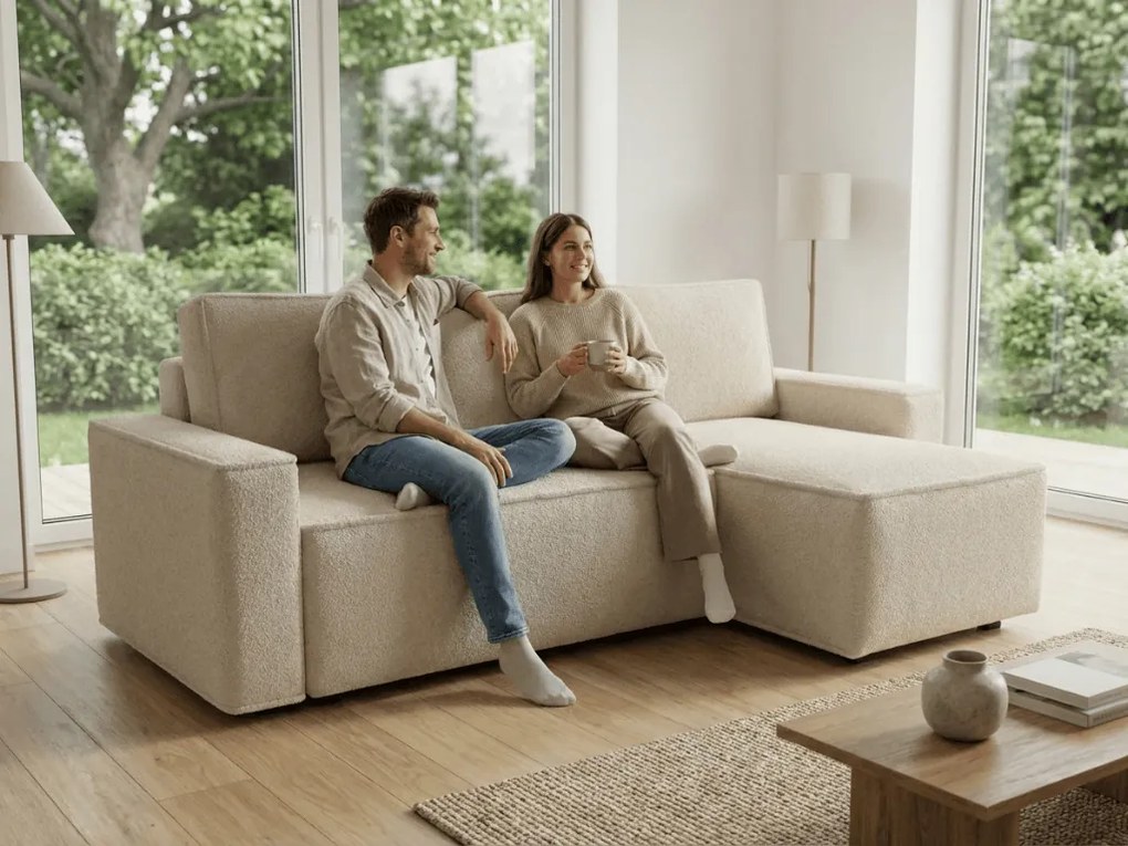 Kihúzható kétoldalas L alakú ülőgarnitúra SMART BOUCLE 232x143 cm, krémszínű