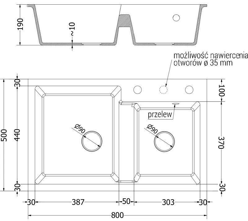 Mexen Tomas, gránit mosogató 800x500x190 mm, 2 kamrás és fehér Telma csaptelep, fehér, 6516-20-670200-20