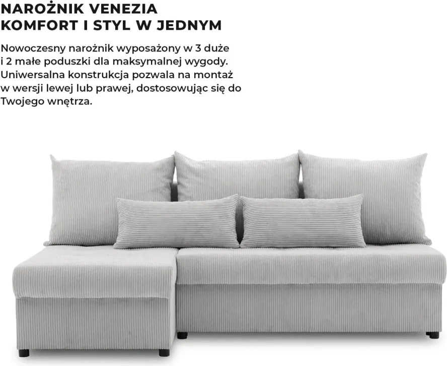 Venezia sarokkanapé, 3 ágyneműtartóval, kordbársony, univerzális oldal, hab töltet, szürke