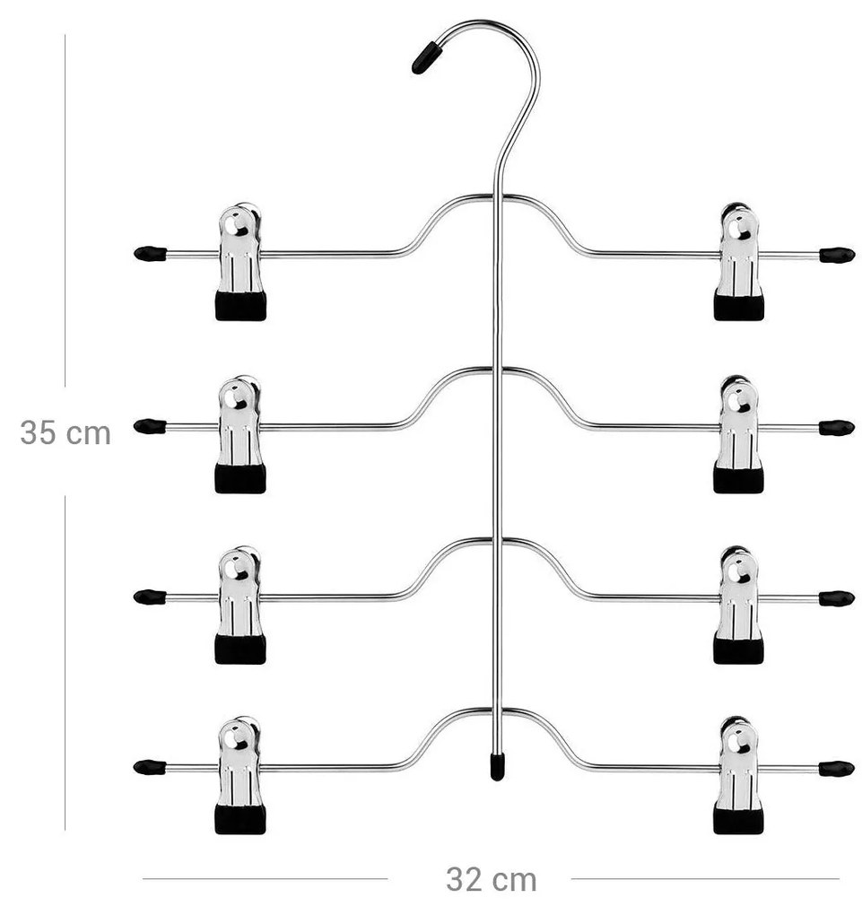 Helytakarékos 4 szintes fém nadrágakasztó 8 db készlet, 32 cm, ezüst és fekete