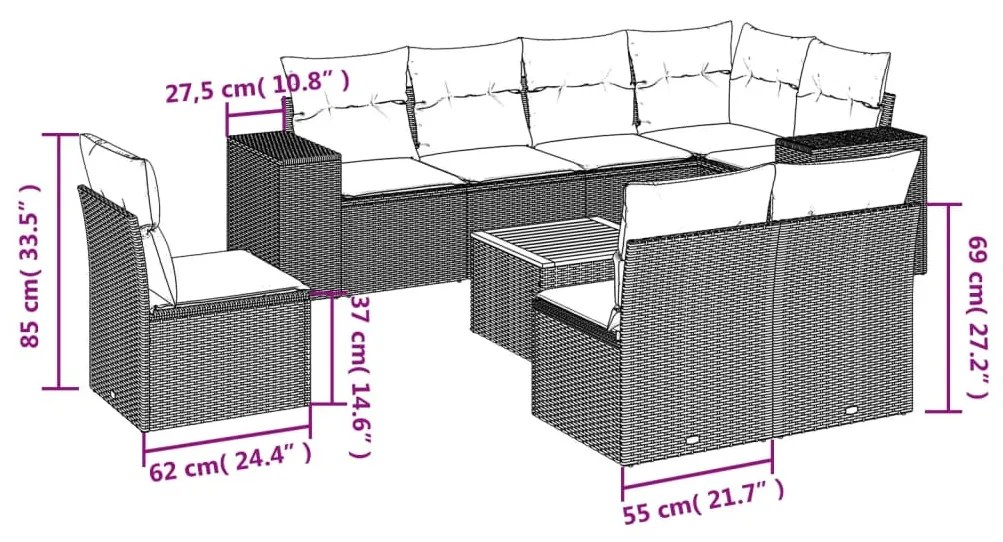 9 részes szürke polyrattan kerti ülőgarnitúra párnákkal