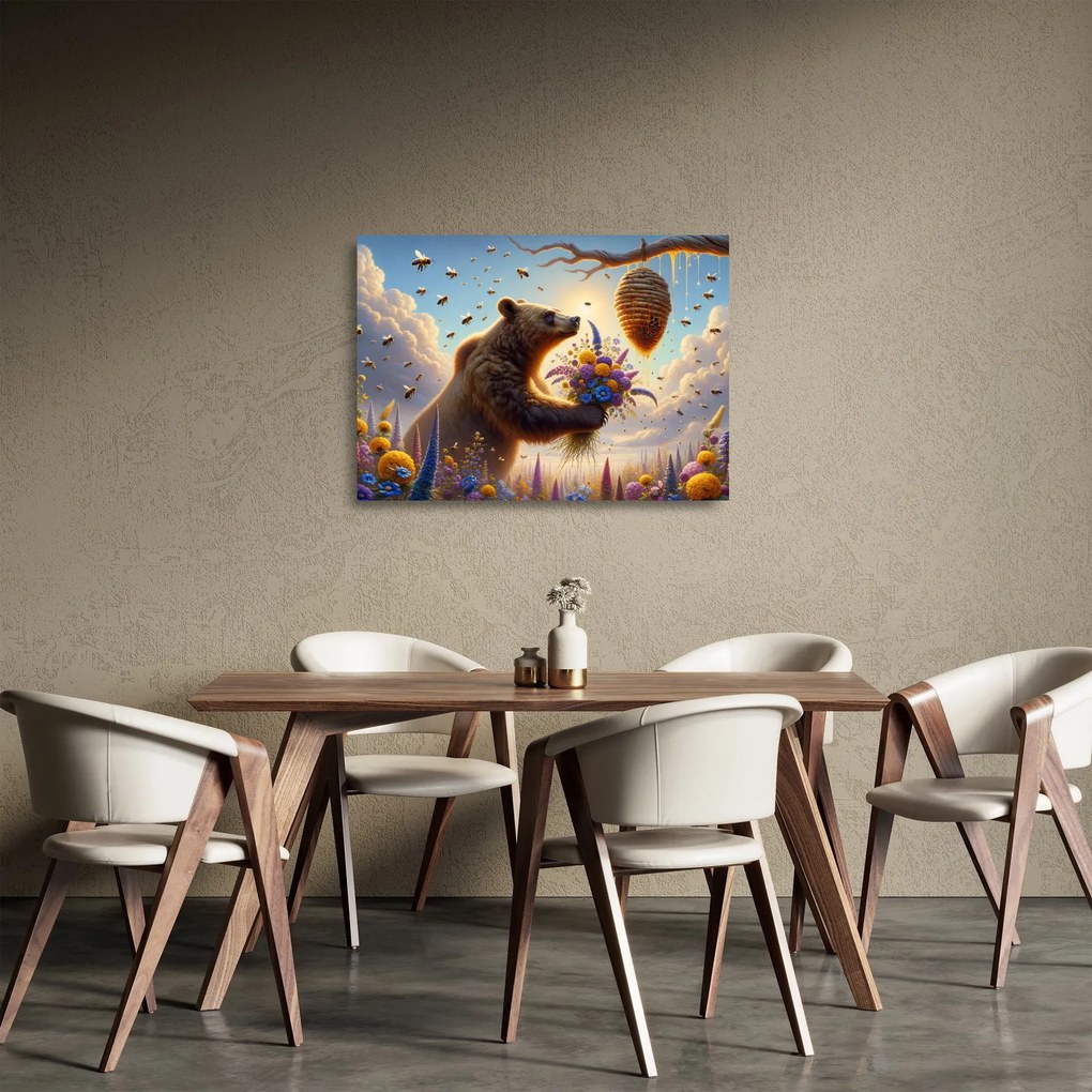 Üveg kép - Medve és méhek (70x50 cm)
