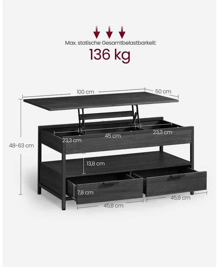 VASAGLE dohányzóasztal, magasságában állítható, 50×100 cm, antracitszürke–tintafekete
