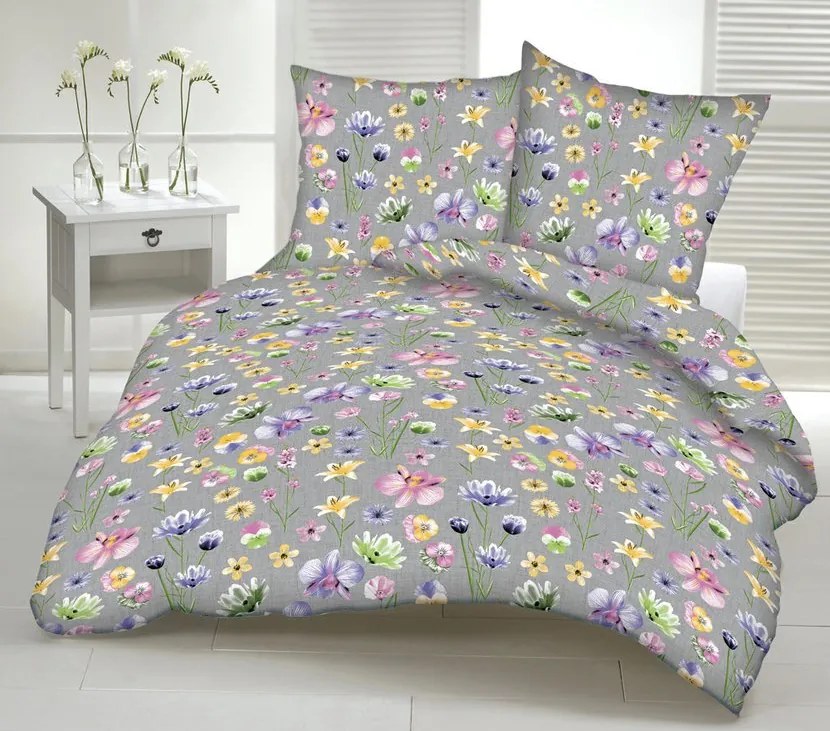 Ágynemű pamut Mezei Virágok szürke TiaHome - 1x Párna 90x70cm, 1x Paplan 140x200cm