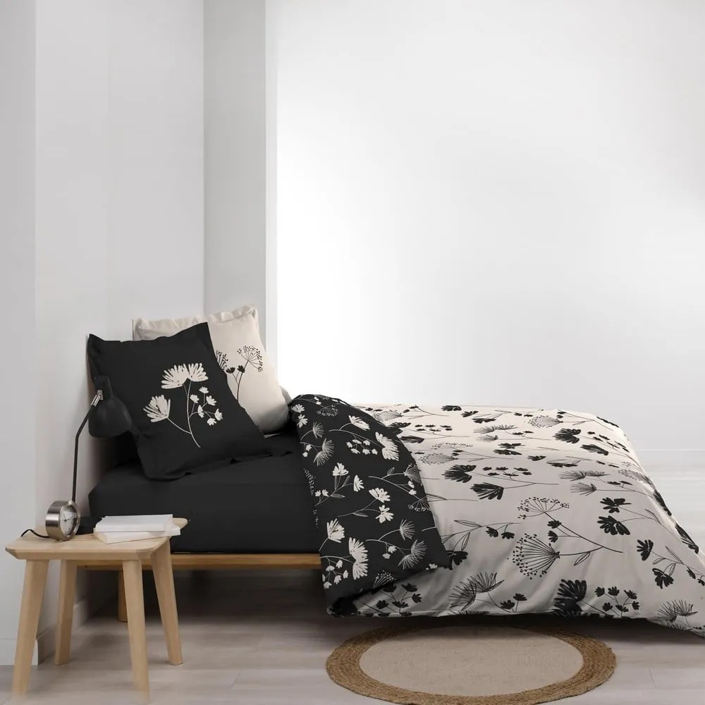 Fekete-bézs kétszemélyes hosszabbított pamut-perkál ágyneműhuzat 240x220 cm Iris – douceur d'intérieur