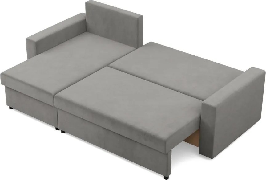 Zeus sarokkanapé, 2 ágyneműtartóval, egyenes kartámasz, bársony, univerzális oldal, bonell töltet, világosszürke