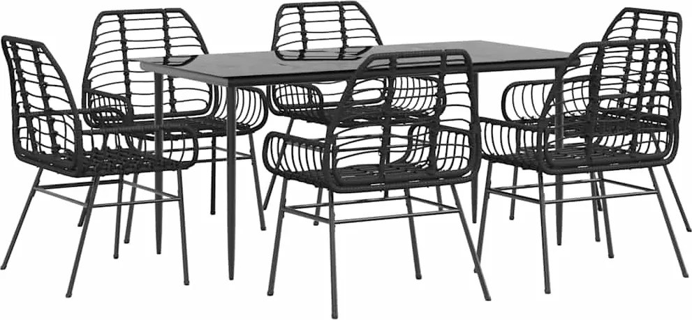 vidaXL 7 részes fekete polyrattan üveg kerti étkezőgarnitúra