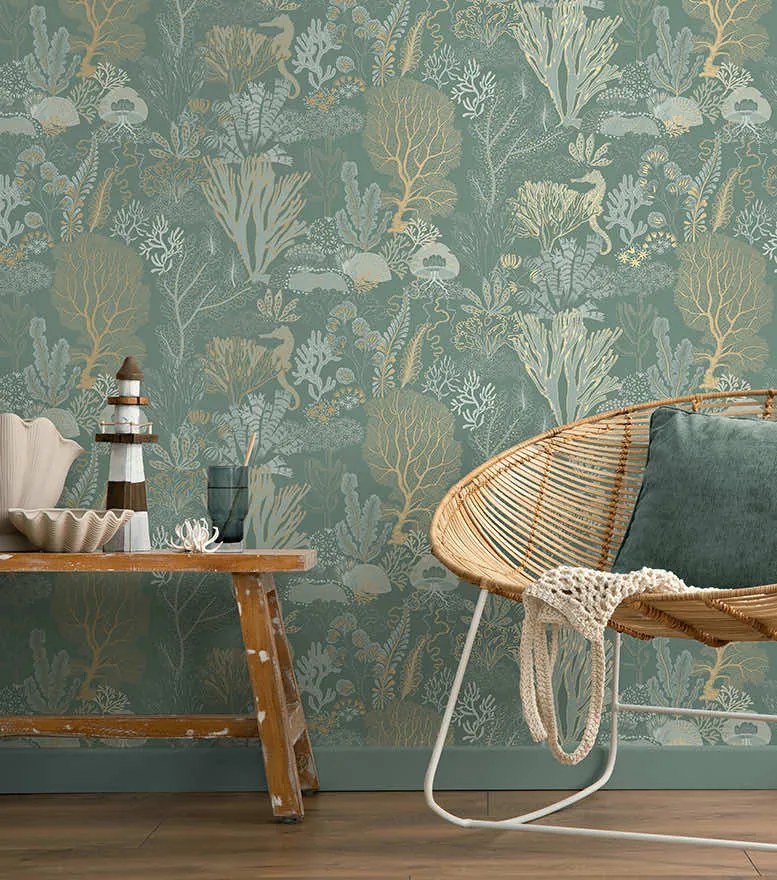 Holden Decor Wanderlust Nautilus arany-kék kagylós vlies tapéta – 92082
