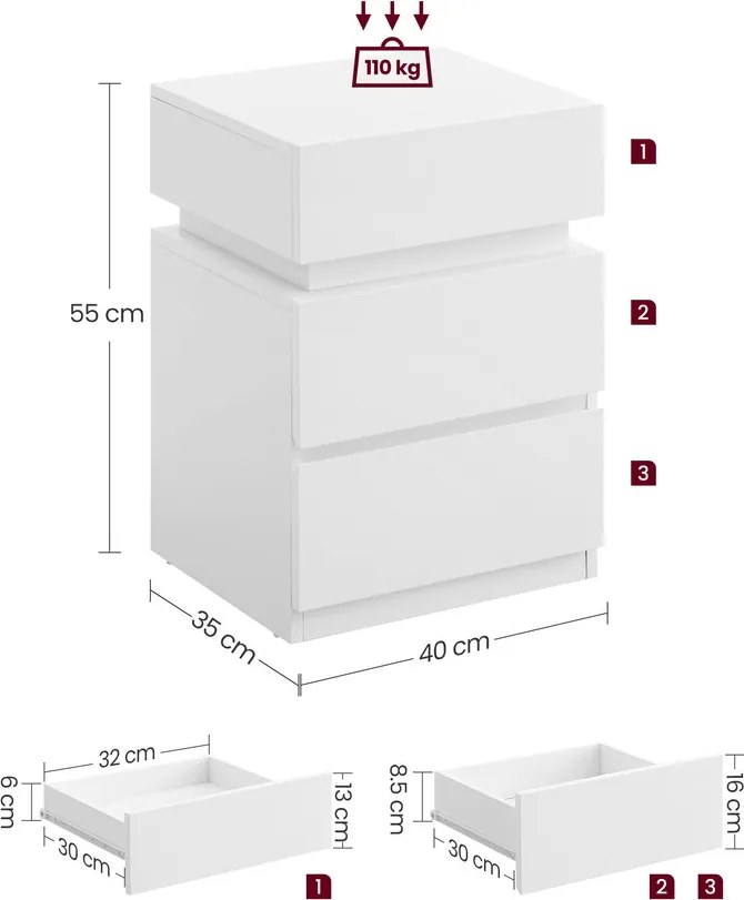 Éjjeliszekrény 2 db-os szett, LED-világítással, 35×40×55 cm, felhőfehér