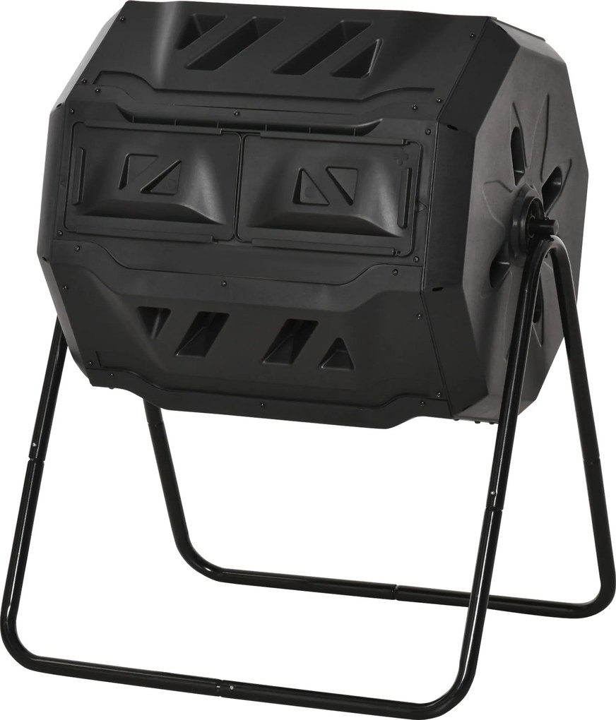 Outsunny 160L Két Kamrás Kerti Komposztáló Forgó Komposztáló Szellőzőnyílásokkal és Acél Lábakkal 71x65x96 cm Fekete | Aosom
