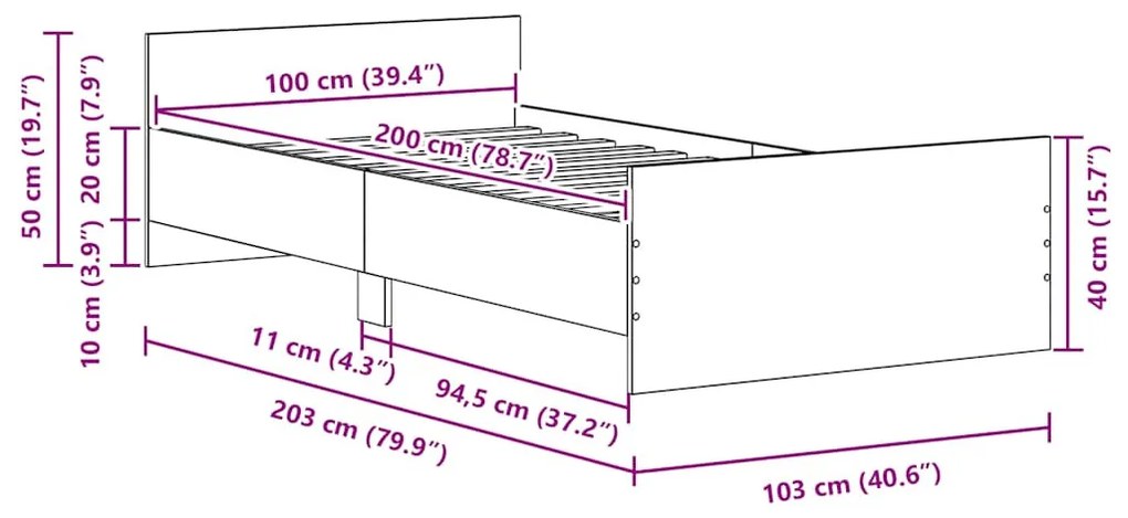 fekete tölgy színű szerelt fa ágykeret matrac nélkül 100x200 cm