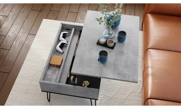 HALIJA dohányzóasztal emelhető asztallappal és polccal, szürke beton/fekete