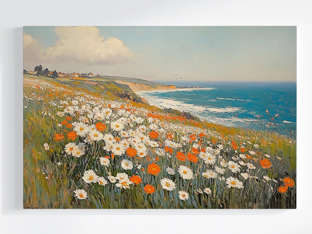 Vászonkép Canvas Tájkép Tenger Szikla Rét Virágok Pipacsok Margaréták 60x40