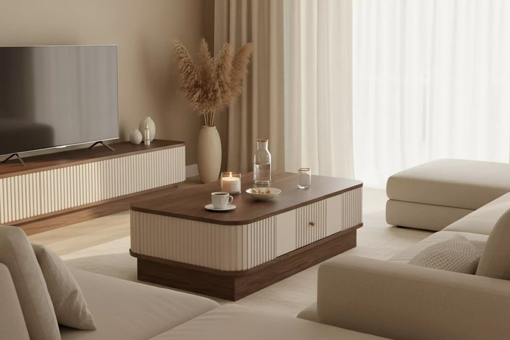 Vesper dohányzóasztal 103x60 cm fiókkal - kasmír / dió / arany fogantyú