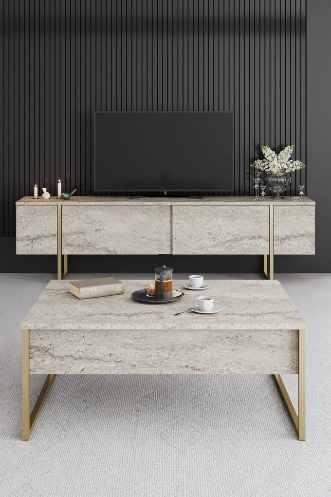 Dohányzóasztal Luxe - Travertine, Gold