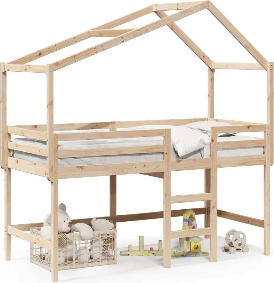 vidaXL tömör fenyőfa galériaágy létrával és tetővel 90 x 190 cm