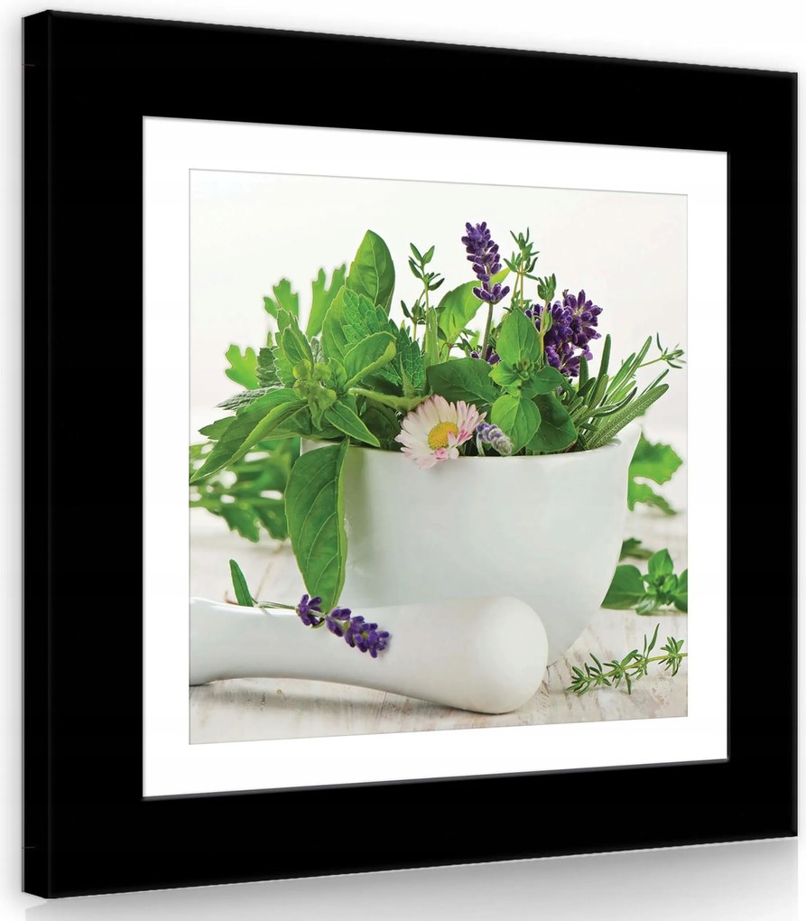 Vászonkép 40x40 Friss gyógynövények mozsár csendélet nyugodt egészséges fehér