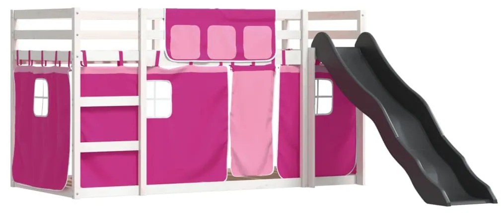 rózsaszín emeletes ágy csúszdával és függönnyel 80 x 200 cm