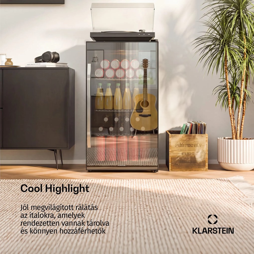 Klarstein Beersafe XXL Onyx, hűtőszekrény, E energiahatékonysági osztály, 3 fém rács, panoráma üvegajtó
