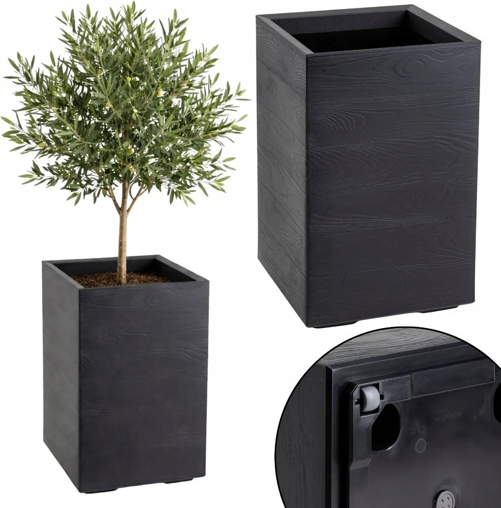 Kerekes Virágtartó Fekete Fa 40x40X60 cm virágos erkély terasz