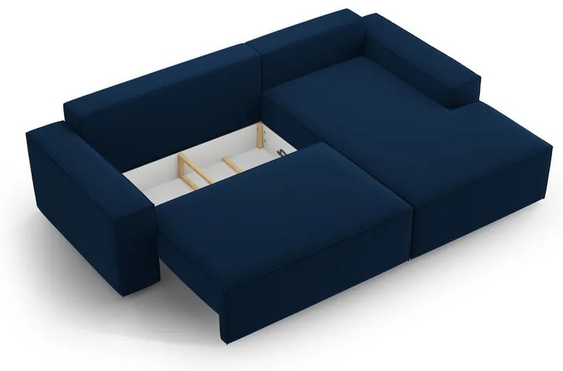 Sötétkék bársony kinyitható-tárolóhelyes sarokkanapé (jobb oldali-heverő résszel) Jodie – Micadoni