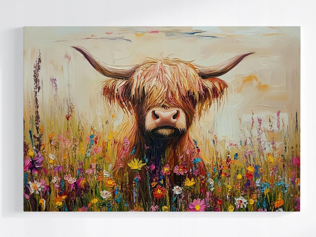 Poszter Skót Tehén Highland Rét Virágok Tavasz 60x40
