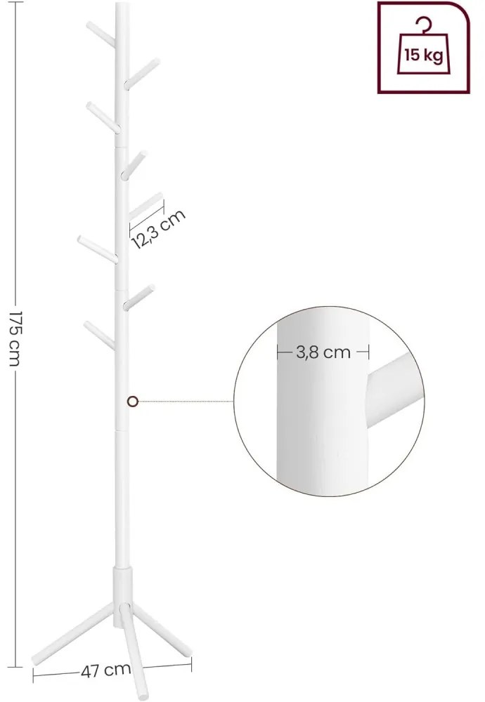 Álló ruhafogas fa 8 akasztóval, fehér
