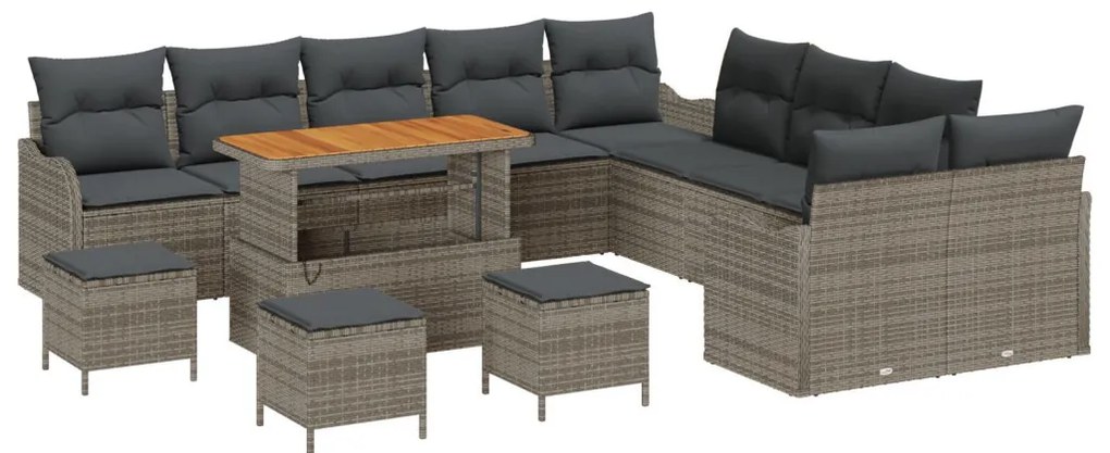 14 darabos kerti kanapészett párnákkal Szürke Poli Rattan Akác, 2 fős kerti kanapé párnákkal Szürke Poli Rattan, 4 darabos kerti étkezős szett párnákkal Szürke Poli Rattan Akác