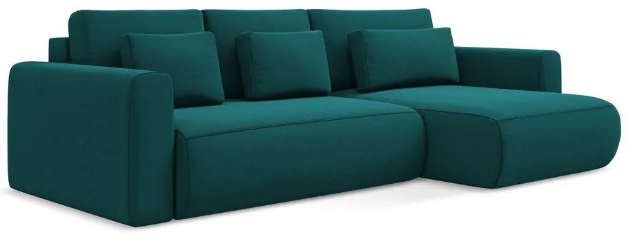 Türkiz bársony kinyitható-tárolóhelyes sarokkanapé (jobb oldali-heverő résszel) Kapua – Makamii