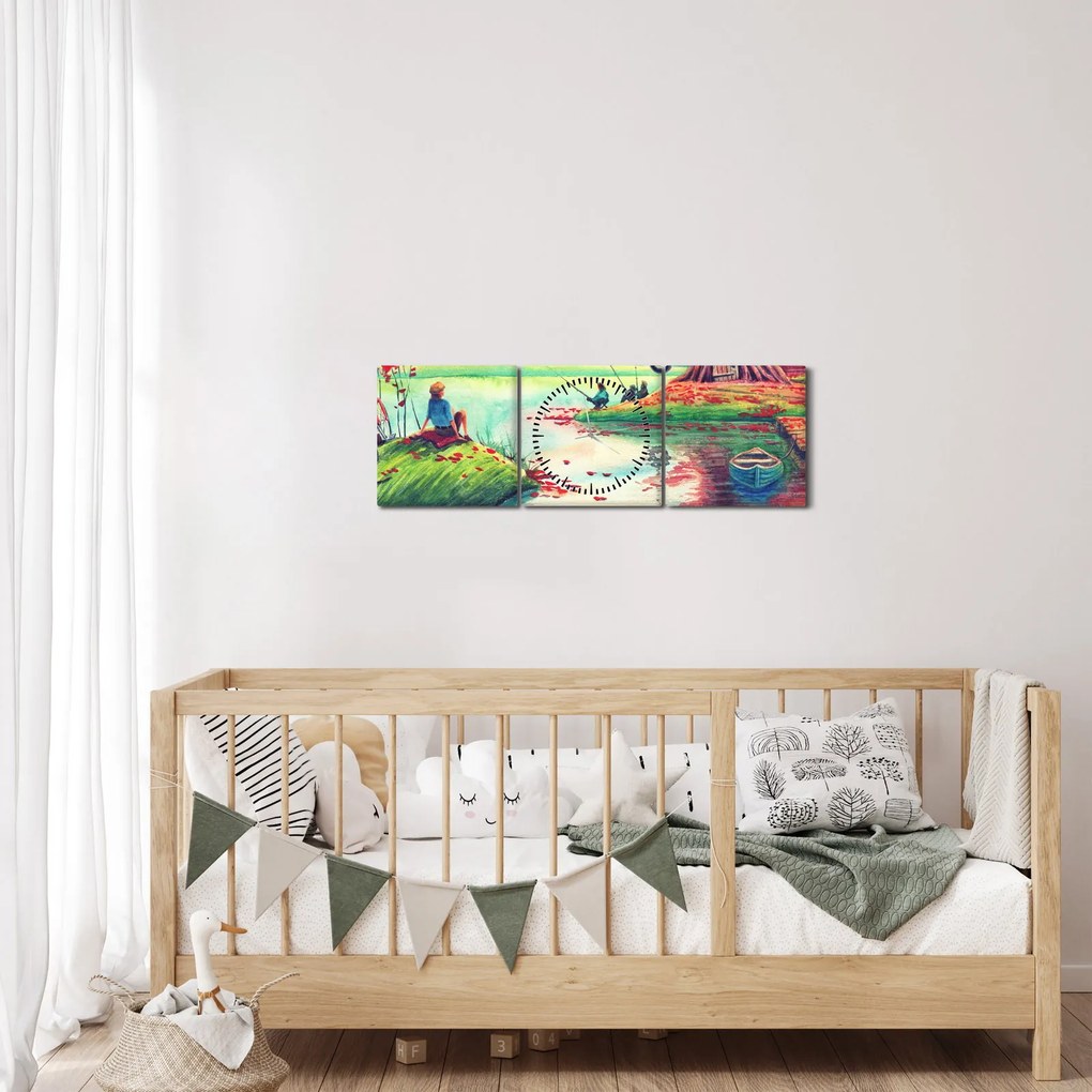Kép - akvarell, Öböl egy hegyi faluban (órával) (90x30 cm)