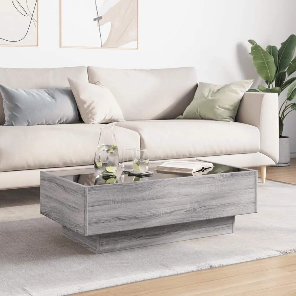 Szürke sonoma szerelt fa dohányzóasztal LED-del 90 x 50 x 30 cm
