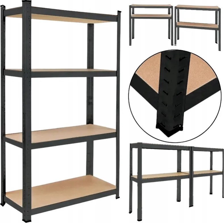 Fém Garázs Tároló Állvány Fekete 4 Polcos 600KG 180x90x40CM Pince