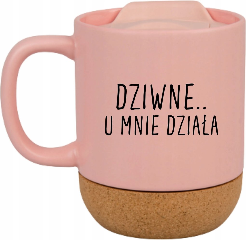 Rózsaszín Bögre Fedéllel És Parafa Aljjal Ajándék Furcsa Nálam Működik It