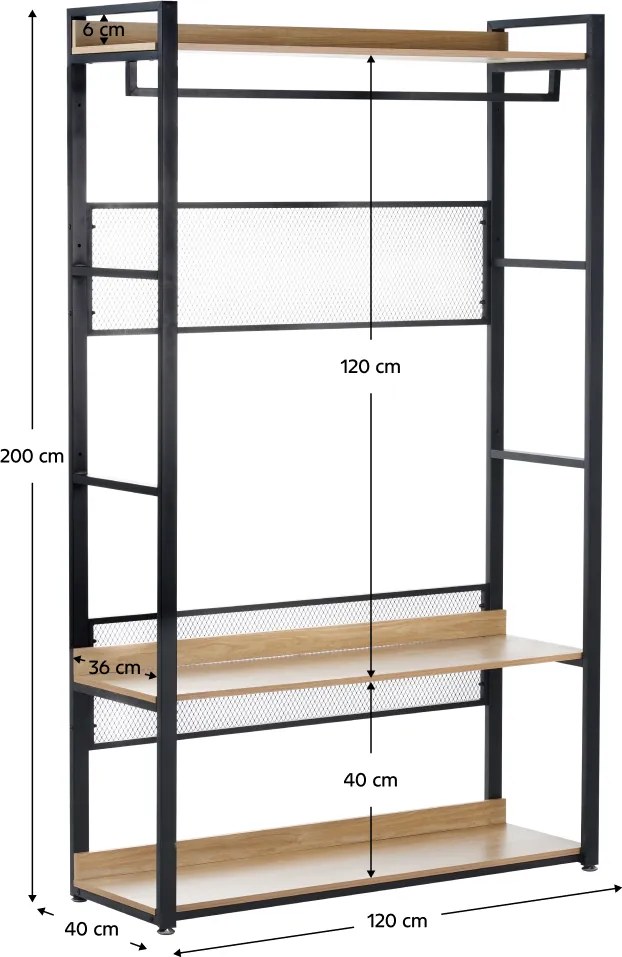 Polcállvány polcokkal, tölgy/fekete, KILOS NEW TYP 2