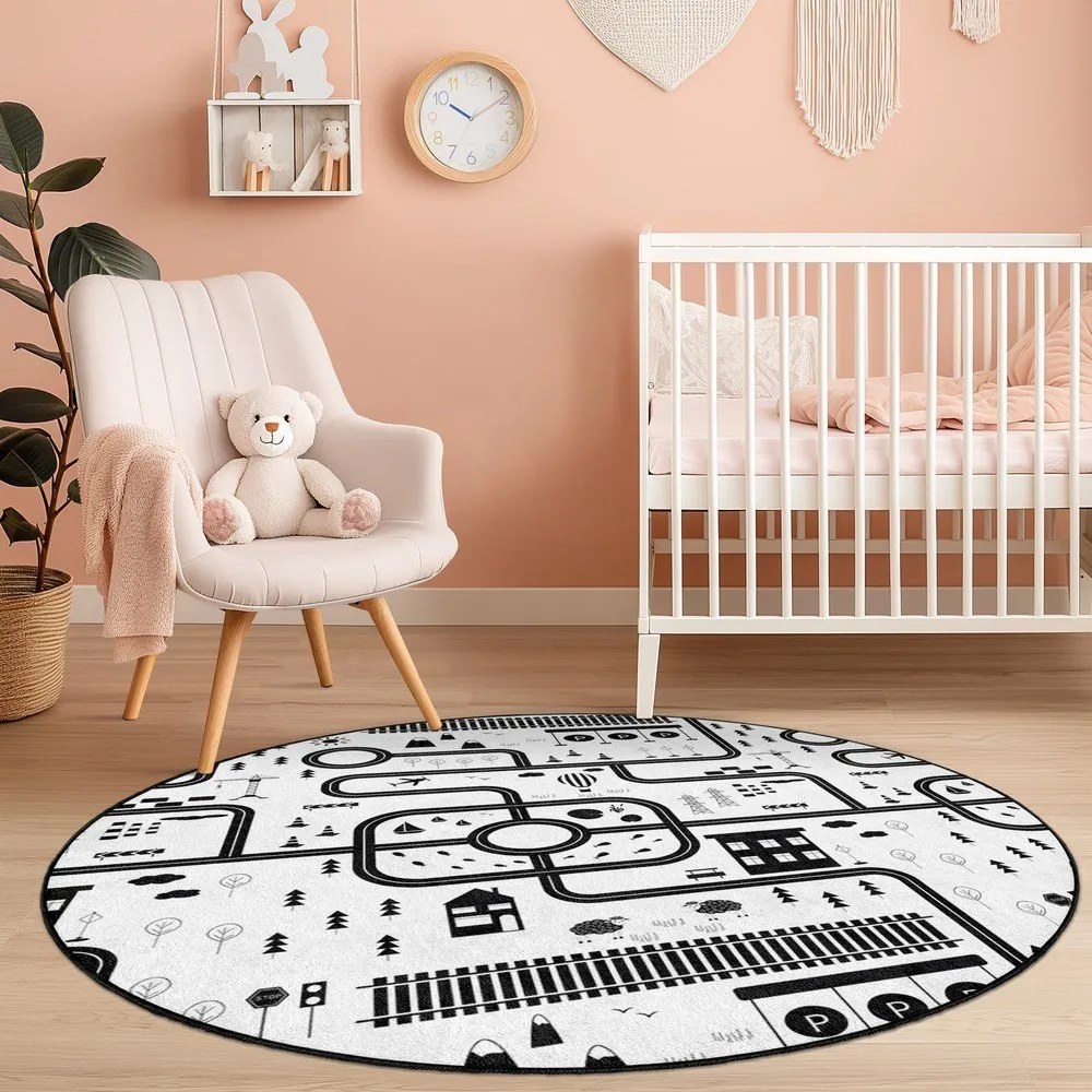 Fekete-fehér mosható gyerek játszószőnyeg ø120 cm In My Town – Mila Home