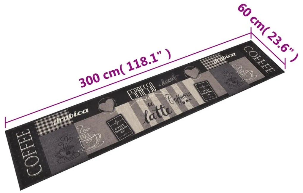 fekete mosható coffee feliratos bársony konyhaszőnyeg 60x300 cm