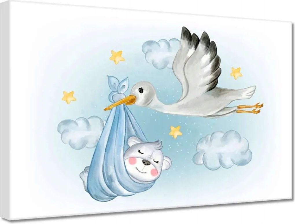 Vászonkép 30x20 A gólya és a mackó Csöcs hozza a babát