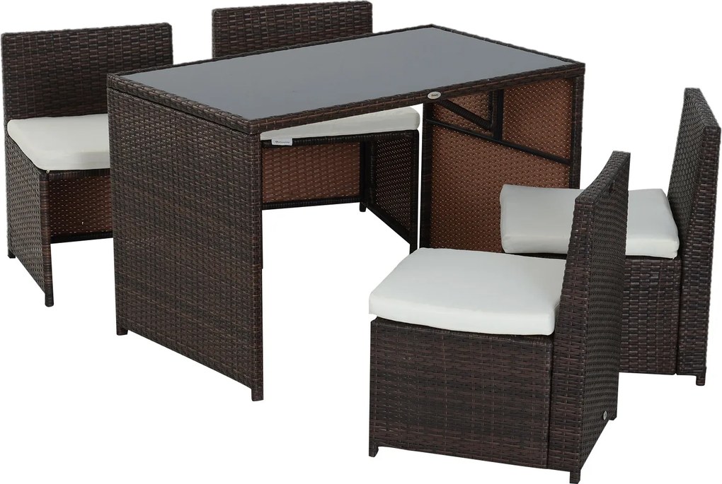 Outsunny 5 részes Polyrattan Kerti Bútor Készlet, Időjárásálló Erkélybútor 4 Fő Részére, Tálcás Bútor 4 Székkel és Párnákkal, Loungeset Étkező Csoport