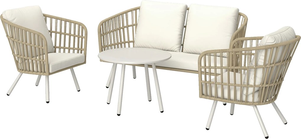 Outsunny Kerti Bútor Készlet - Poly Rattan Lounge Szett 2-személyes Kanapé Szék Asztal Párnával, Időjárásálló Ülőgarnitúra 4 Fő Részére, Kültéri Erkél