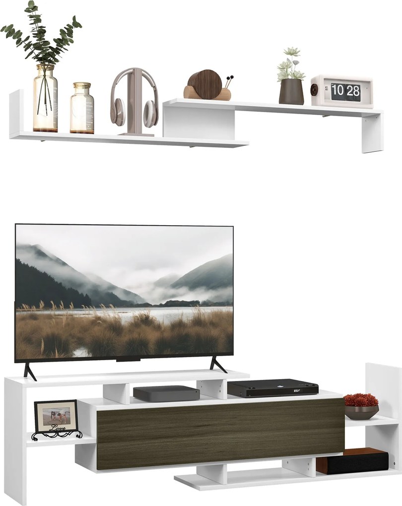 HOMCOM Fali TV Állvány Nyitott Polcokkal és Fa Szekrénnyel, Modern TV Állvány Nappaliba és Hálószobába, Fekete és Fehér | Aosom