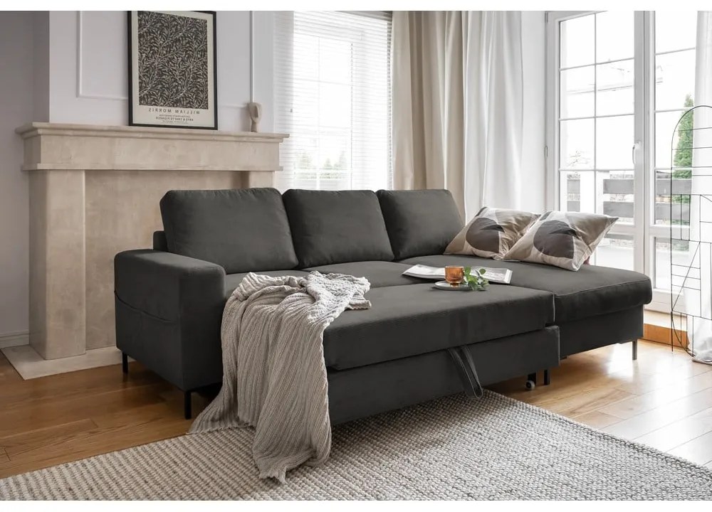 Sötétszürke kordbársony kinyitható sarokkanapé (jobb oldali) Lofty Lilly – Miuform