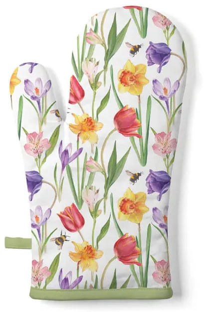 Virágos edényfogó kesztyű 18x30 cm 100% pamut tavaszi mező mintával