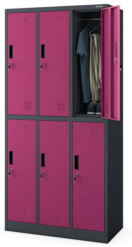 Fém öltözőszekrény 6 rekeszes IGOR, 900 x 1850 x 450 mm, antracit-fukszia