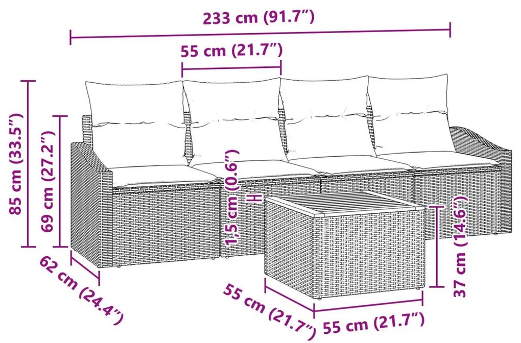 5 Darabos Kerti Kanapé Szett Párnákkal Bézs Poli Rattan Akáciával