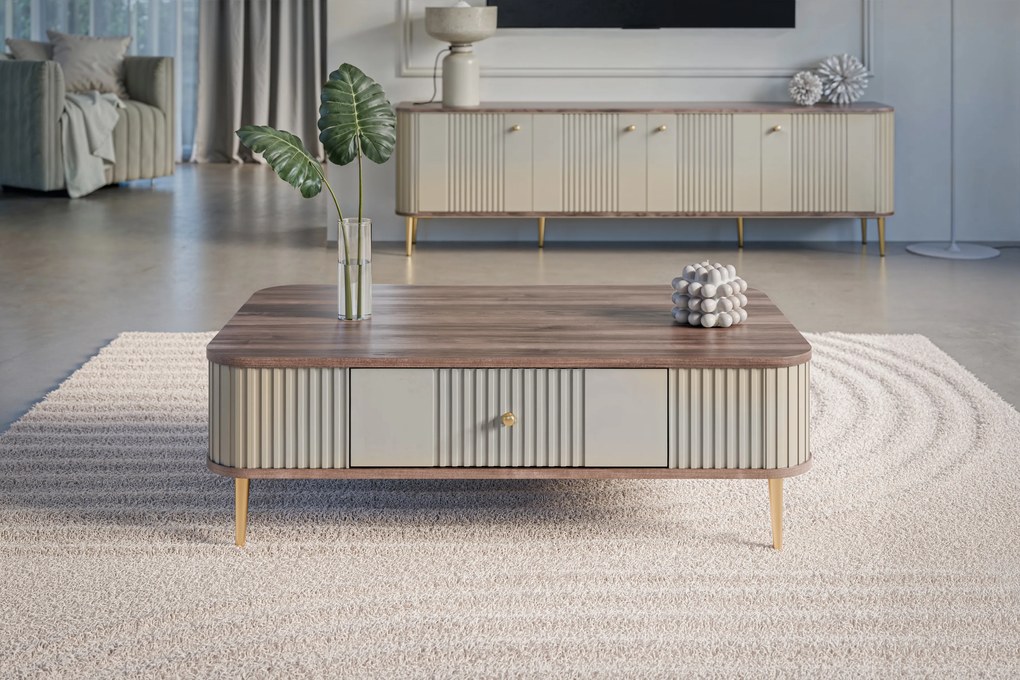 Vesper dohányzóasztal 103x60 cm fiókkal - kasmír / dió / arany lábak