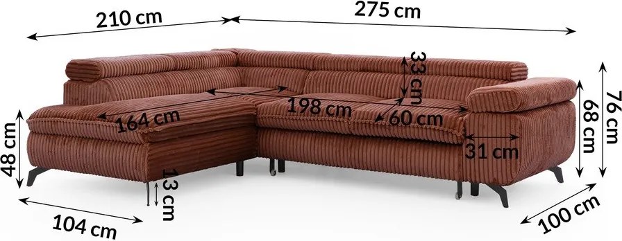 Terrakotta színű kordbársony sarokkanapé (bal oldali-L alakú) Marbeya – Ropez