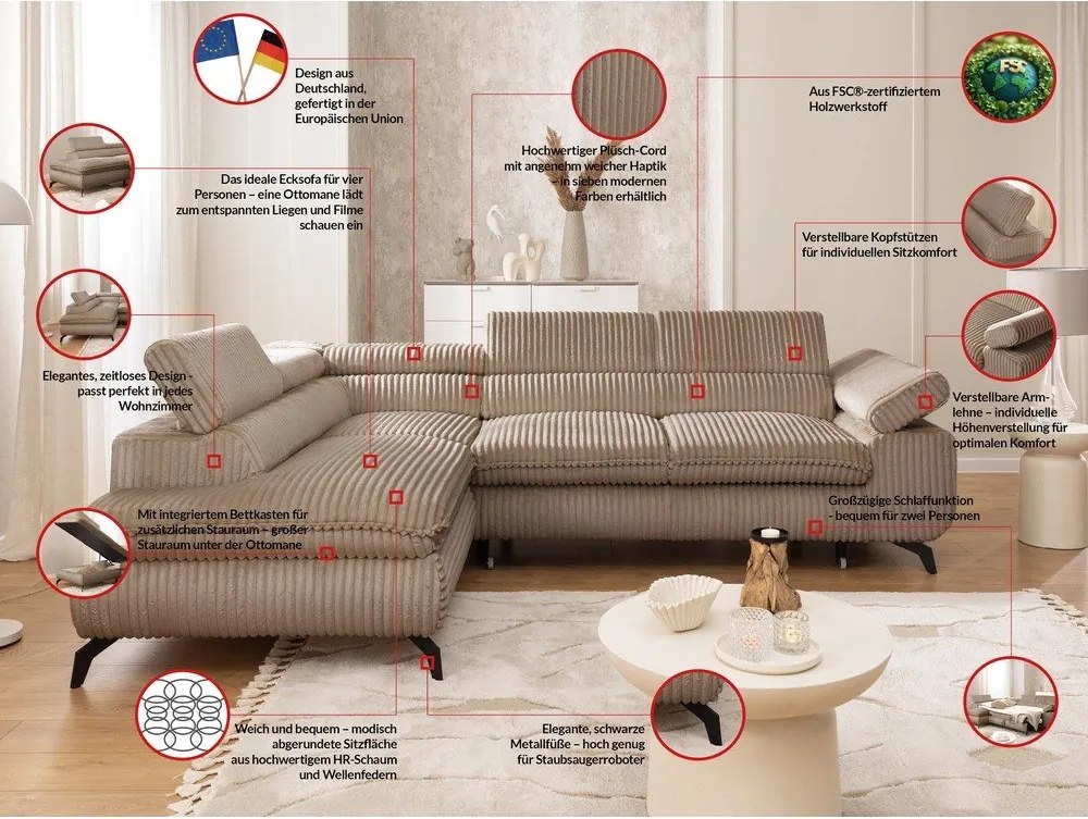 Barna kordbársony sarokkanapé (bal oldali-L alakú) Marbeya – Ropez