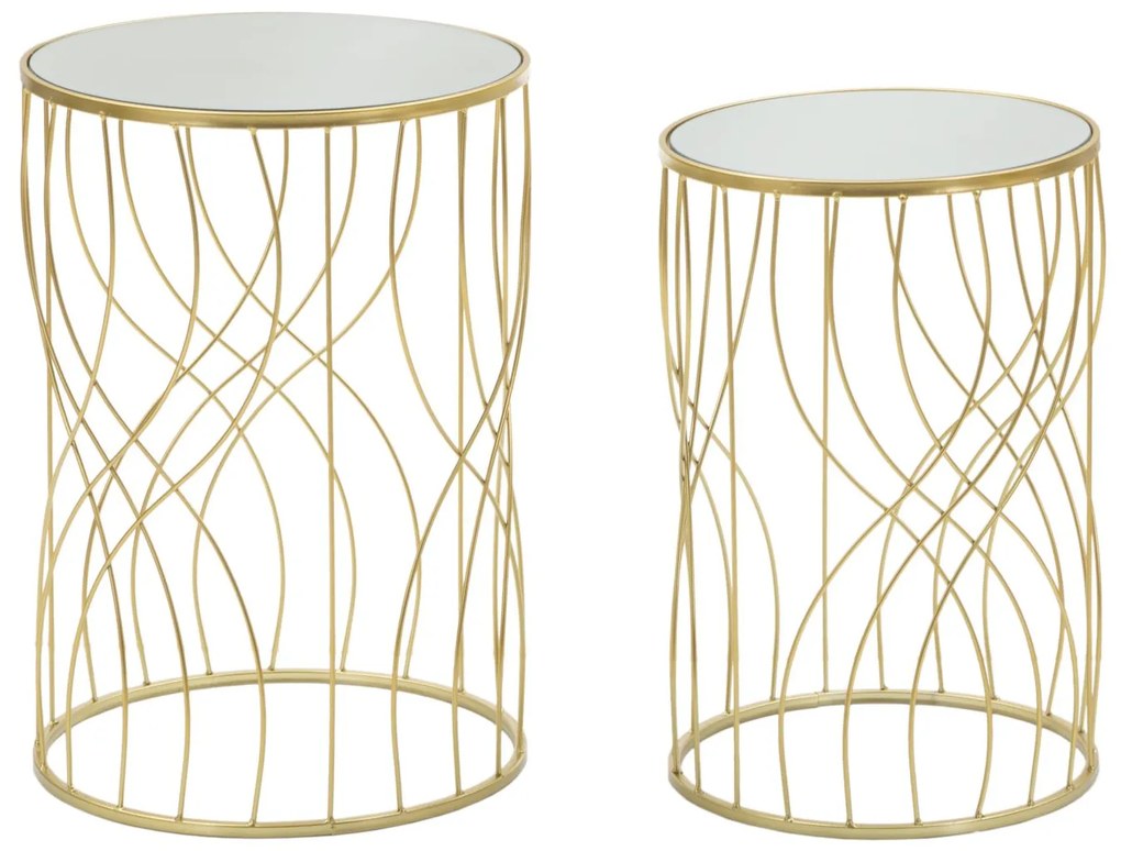 fém kisasztal szett tükör üveglappal – geometrikus mintával, 2 db – aranyszínű