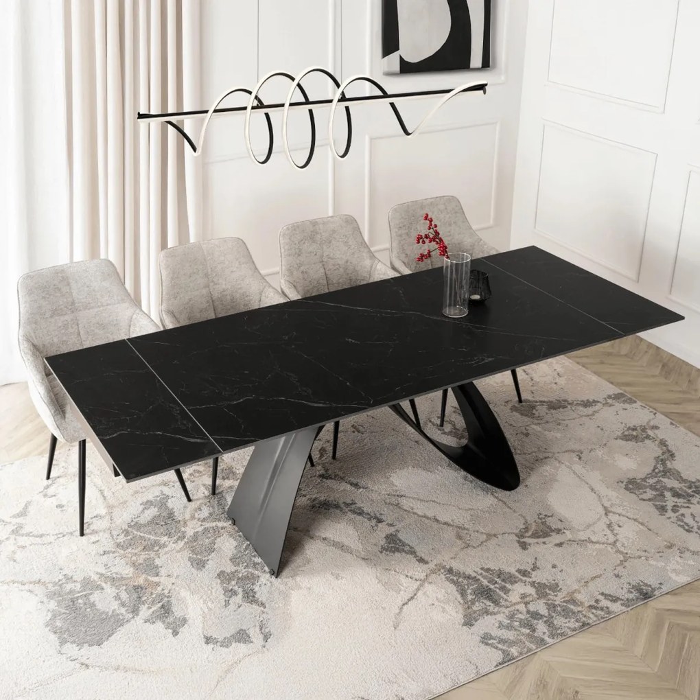 Kihúzható kerámia étkezőasztal 160–220 cm méretben, fekete márvány/fekete színben DEVON