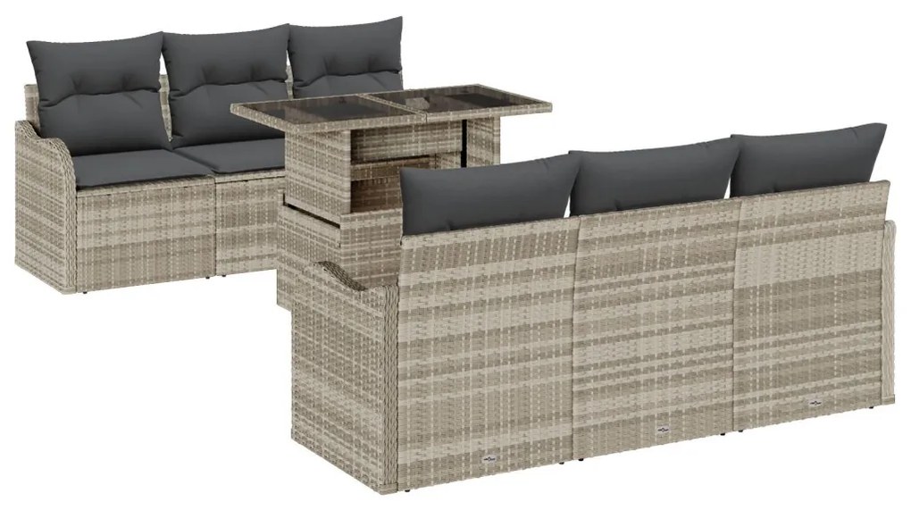 7 Részes Kert Kanapé Szett Párnákkal Világosszürke Poli Rattan, 2-Személyes Kert Kanapé Párnákkal Világosszürke Poli Rattan
